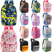 17" Patterned Wholesale Backpacks In 12 Assorted Prints - Bulk Case Of 24 Bookbags