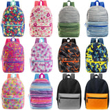 17" Patterned Wholesale Backpacks In 12 Assorted Prints - Bulk Case Of 24 Bookbags