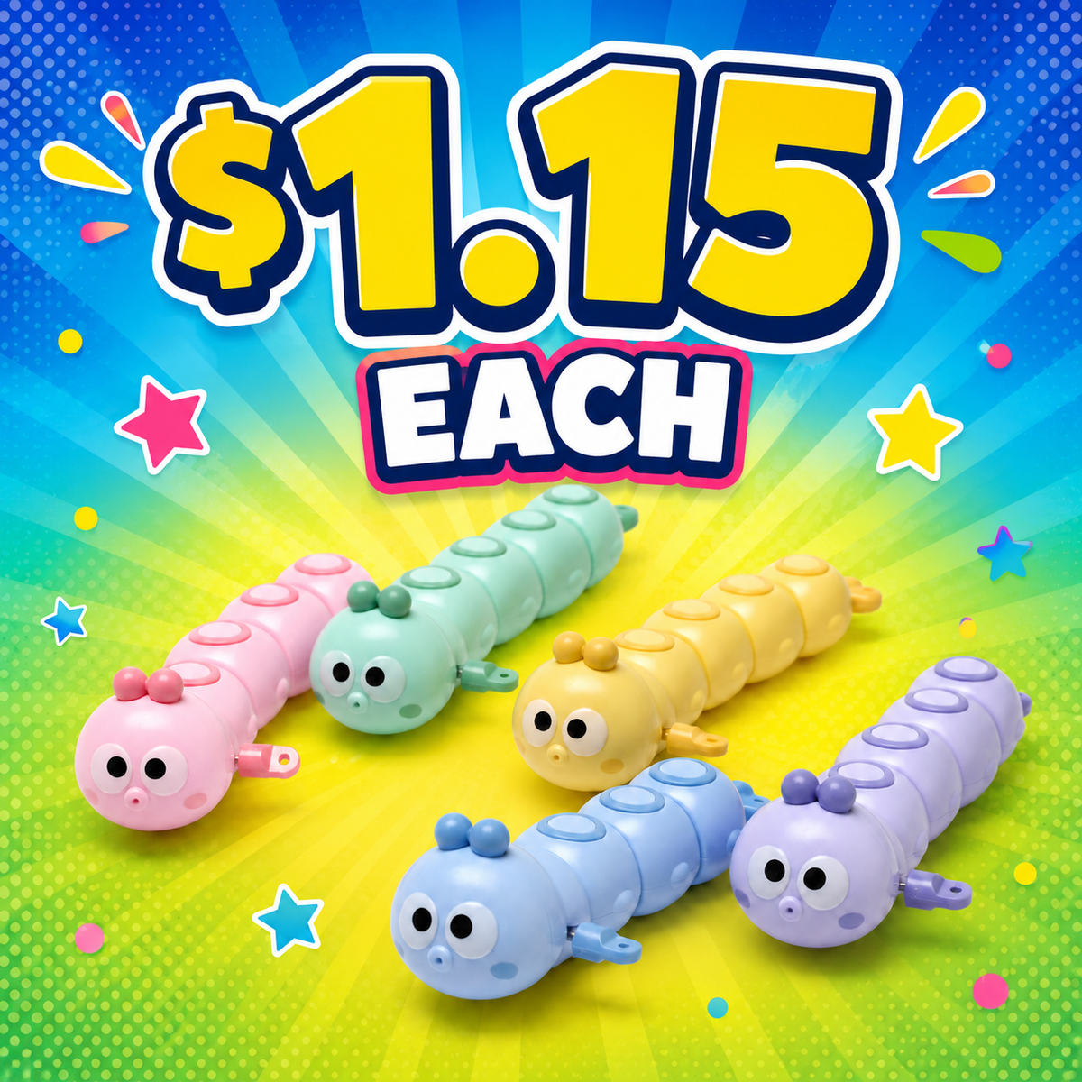 Caterpillar Wind Up Toy (20 Pack) Assorted Colors - Rolling, Wiggling Fun! $1.15 Each