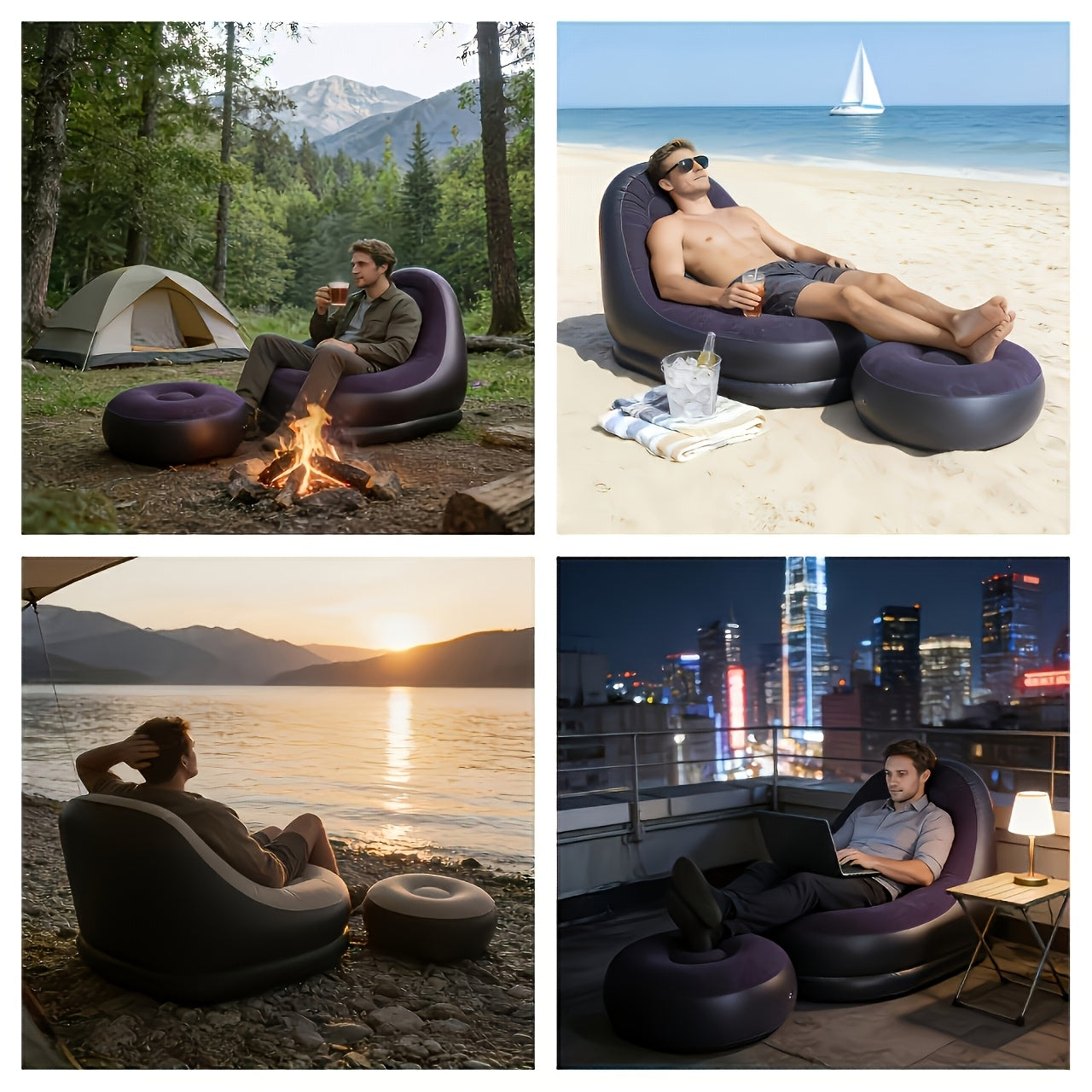 Foldable Large Inflatable Sofa with Ottoman, Indoor\u002FOutdoor Use - Easy Storage, Multi-functional, Flocked Footrest Home Lounge Chair - Portable Inflatable Sofa for Camping and Picnics, Compact and Space-Saving, Great Holiday Gift