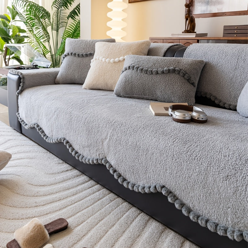 1pc of Solid Color Cushion with Ball Edge Decoration, Perfect for Adding Warmth to Your Home During Winter. This Anti-Slip, Pet-Friendly Cushion Is Suitable for All Seasons And Ideal for Use in Bedrooms, Living Rooms, And Offices