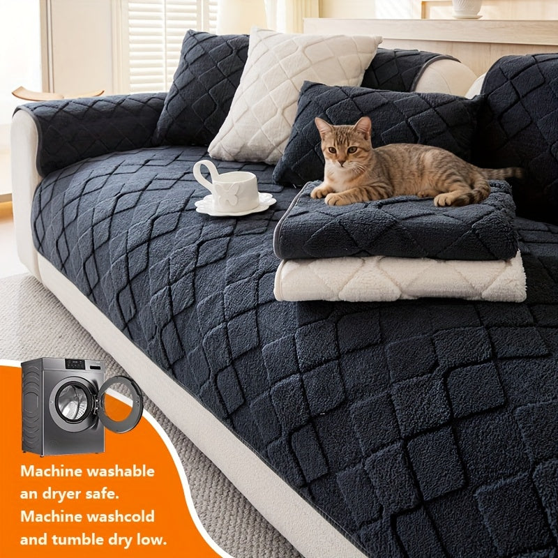 1pc Faux Rabbit Long Plush Sofa Cushion, Winter Warmth, Thickened Plush, Delicate and Soft, Pet Favorite, Non-Slip Sofa Protector - Qiange