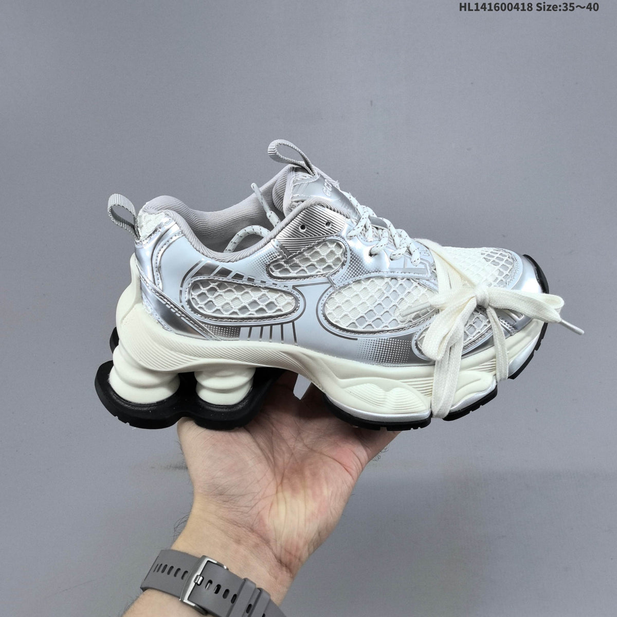 Chunky Platform Sneakers in Silver and White with Mesh Panels