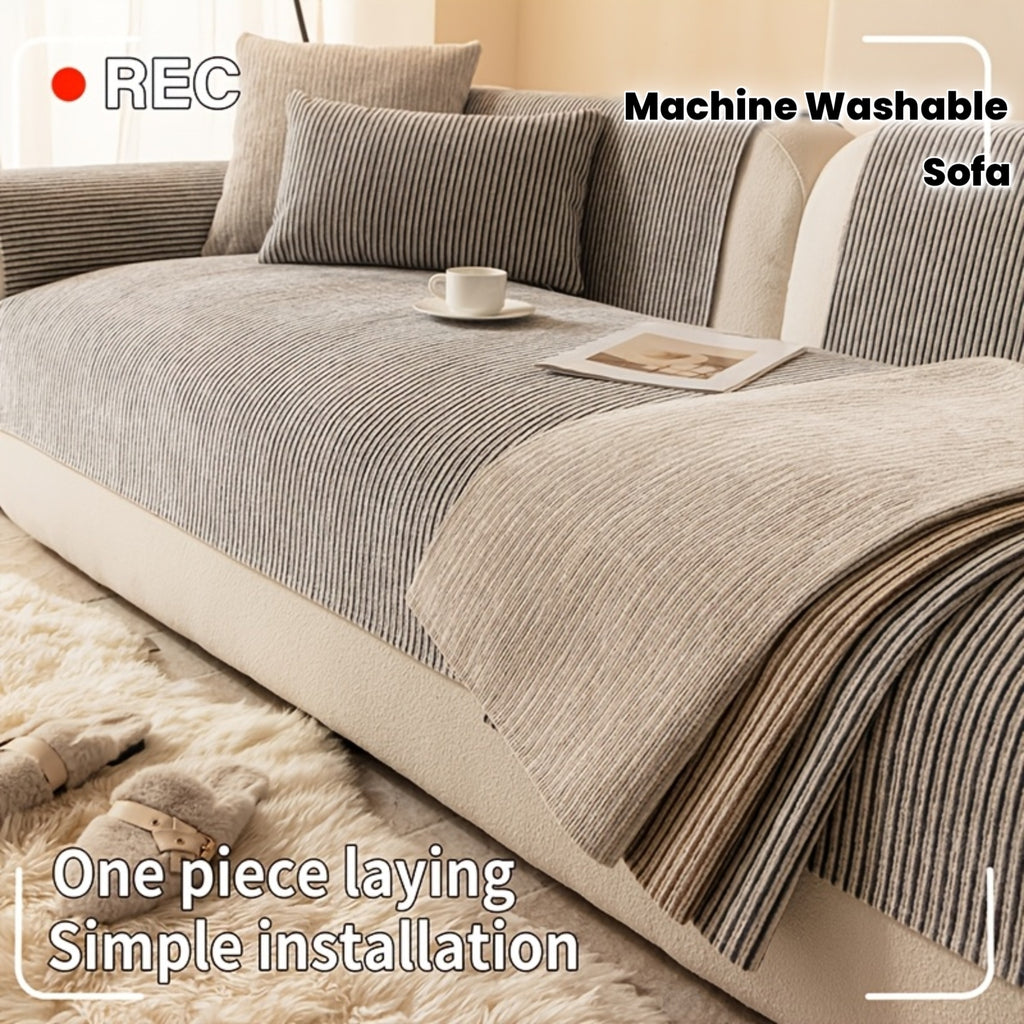 1pc Modern Striped Sofa Cushion, Non-Slip and Pet-Friendly Sofa Cushion, Suitable for 1-4 Seats, Soft and Comfortable Living Room Decor, Machine Washable Polyester, Gray, Beige, and Coffee Brown Stylish Abstract Design, Pet-Friendly Non-Slip Cover