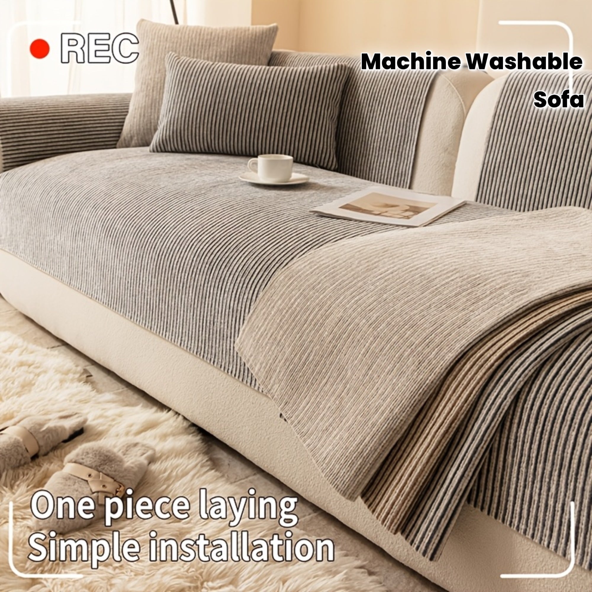 1pc Modern Striped Sofa Cushion, Non-Slip and Pet-Friendly Sofa Cushion, Suitable for 1-4 Seats, Soft and Comfortable Living Room Decor, Machine Washable Polyester, Gray, Beige, and Coffee Brown Stylish Abstract Design, Pet-Friendly Non-Slip Cover