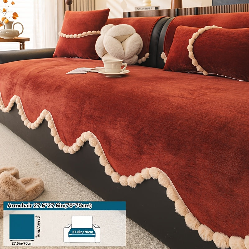 1pc of Plush Sofa Cushion, Suitable for All Seasons And Pet-Friendly, Featuring Small Pom-Pom Lace, Non-Slip, Machine Washable, Ideal for Home Decor Sofa Cushions, Sofa Covers in The Office, Bedroom, Living Room, Etc
