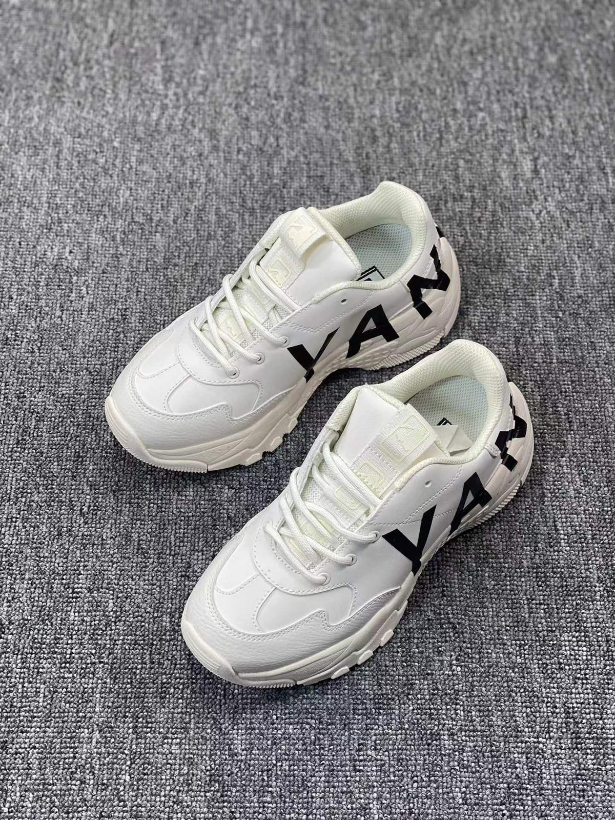 White Chunky Lace-Up Sneakers with Black Lettering