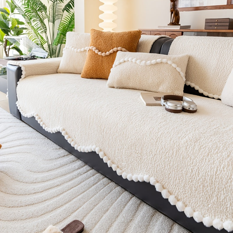 1pc of Solid Color Cushion with Ball Edge Decoration, Perfect for Adding Warmth to Your Home During Winter. This Anti-Slip, Pet-Friendly Cushion Is Suitable for All Seasons And Ideal for Use in Bedrooms, Living Rooms, And Offices