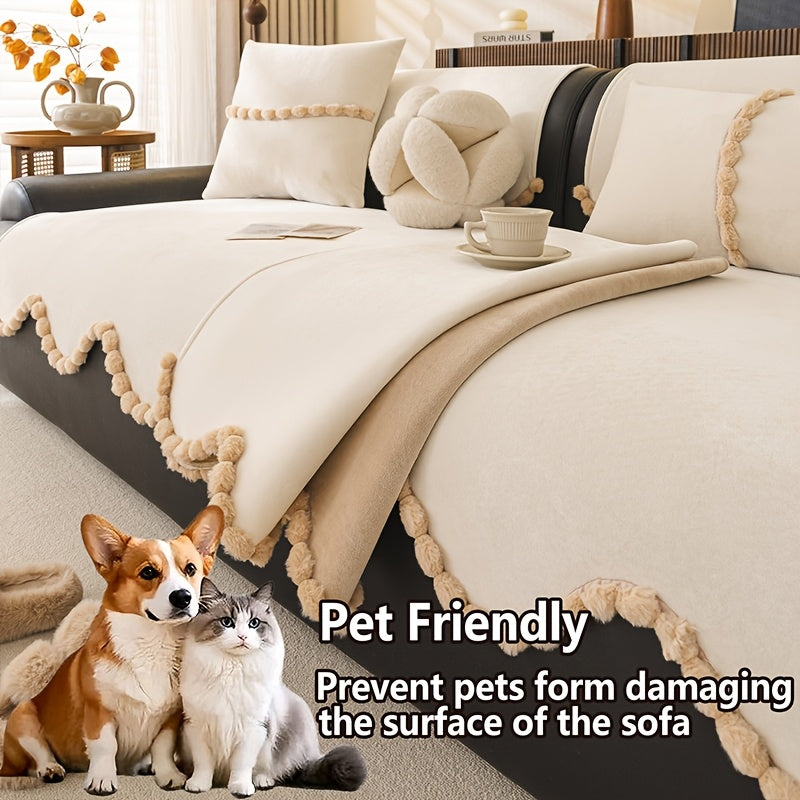 1pc of Plush Sofa Cushion, Suitable for All Seasons And Pet-Friendly, Featuring Small Pom-Pom Lace, Non-Slip, Machine Washable, Ideal for Home Decor Sofa Cushions, Sofa Covers in The Office, Bedroom, Living Room, Etc