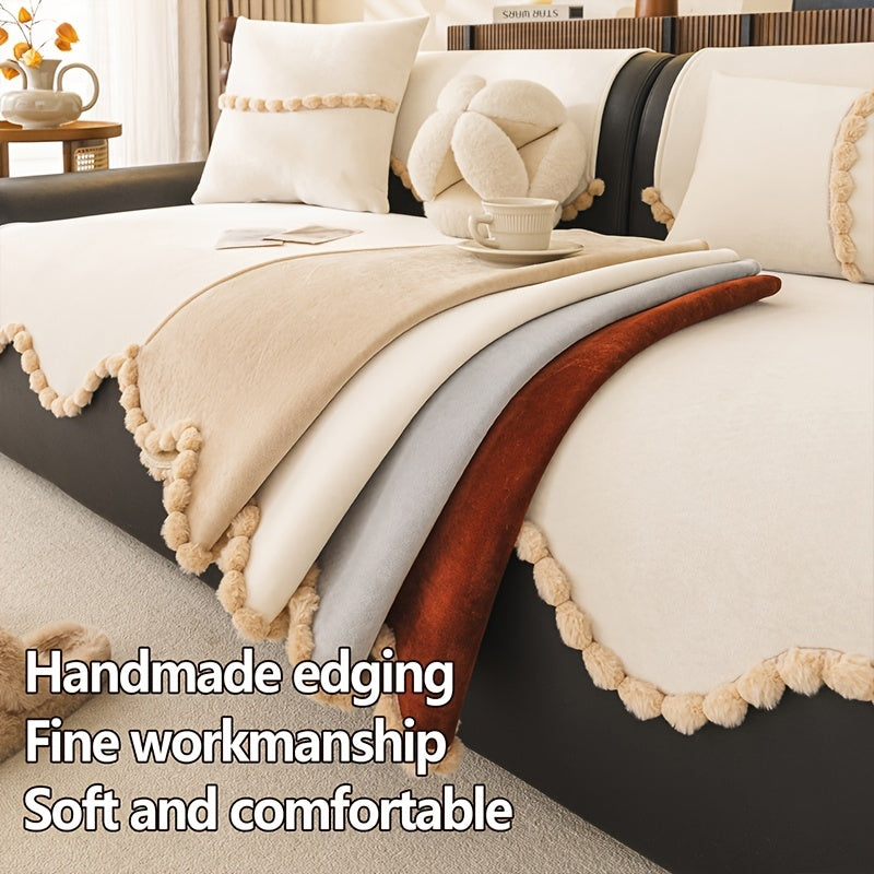 1pc of Plush Sofa Cushion, Suitable for All Seasons And Pet-Friendly, Featuring Small Pom-Pom Lace, Non-Slip, Machine Washable, Ideal for Home Decor Sofa Cushions, Sofa Covers in The Office, Bedroom, Living Room, Etc