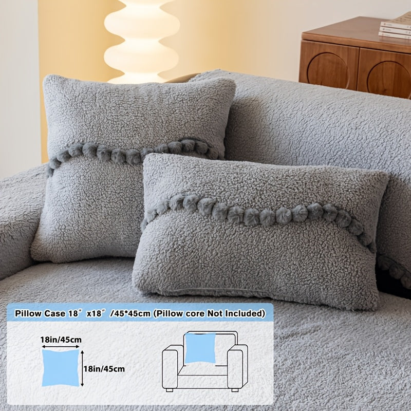 1pc of Solid Color Cushion with Ball Edge Decoration, Perfect for Adding Warmth to Your Home During Winter. This Anti-Slip, Pet-Friendly Cushion Is Suitable for All Seasons And Ideal for Use in Bedrooms, Living Rooms, And Offices