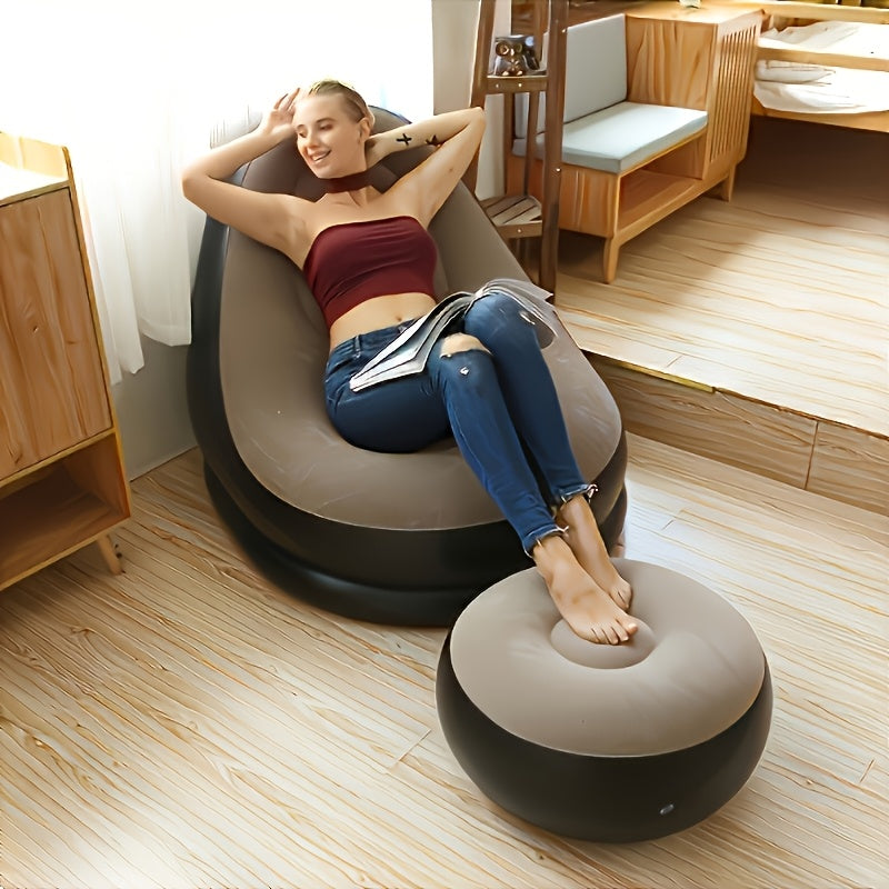 Foldable Large Inflatable Sofa with Ottoman, Indoor\u002FOutdoor Use - Easy Storage, Multi-functional, Flocked Footrest Home Lounge Chair - Portable Inflatable Sofa for Camping and Picnics, Compact and Space-Saving, Great Holiday Gift