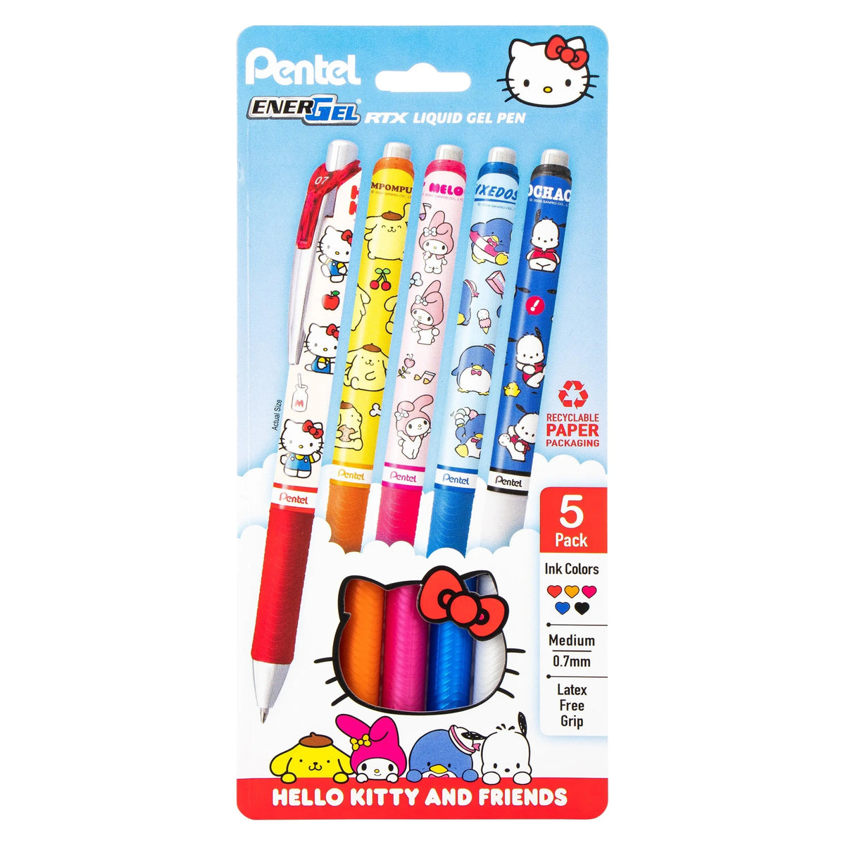 Pentel EnerGel RTX Liquid Gel Pen, Hello Kitty® and Friends, Limited Edition, Mix 2, 0.7mm, Med Line, Assorted Ink , 5-Pk