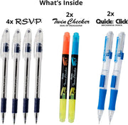 Pentel Note Taking Essentials 8 pack - 4 blue RSVP 0.7mm ballpoint pens, 2 Twin Checker Highlighters, 2 Quick Click 0.5mm Mechanical Pencils