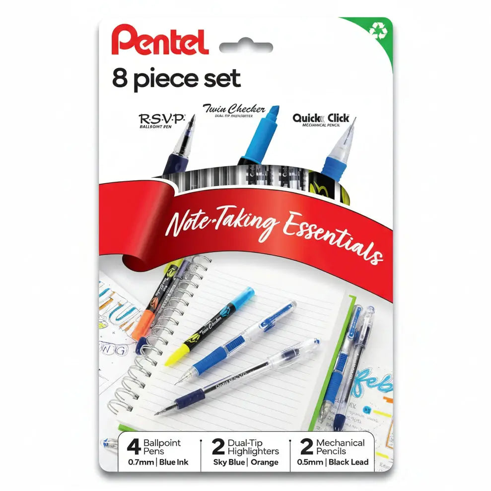 Pentel Note Taking Essentials 8 pack - 4 blue RSVP 0.7mm ballpoint pens, 2 Twin Checker Highlighters, 2 Quick Click 0.5mm Mechanical Pencils