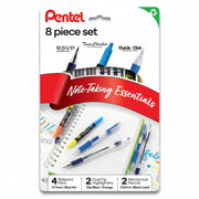 Pentel Note Taking Essentials 8 pack - 4 blue RSVP 0.7mm ballpoint pens, 2 Twin Checker Highlighters, 2 Quick Click 0.5mm Mechanical Pencils