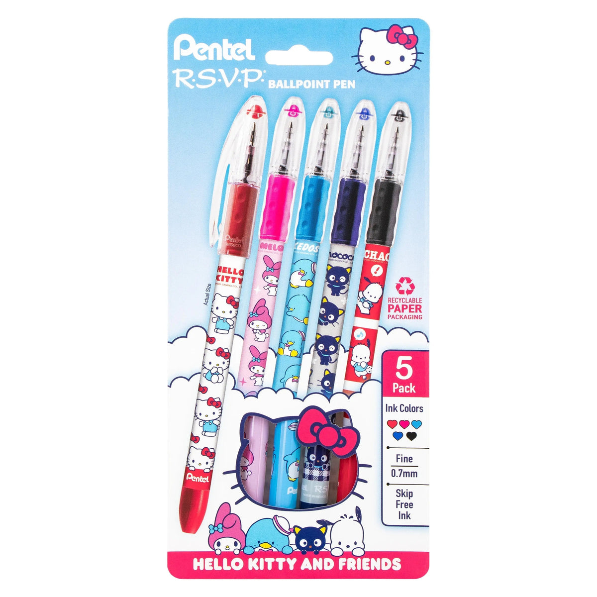 Pentel RSVP Ballpoint Pen, Hello Kitty® and Friends, Limited Edition, Mix 2, 0.7mm Fine Line, Assorted Ink, 5-Pk