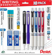 Pentel Writing Essentials 10 pack - 4 EnerGel gel pens, 2 Twist Erase III 0.7mm mechanical pencils, 2 Hi-Polymer block erasers, and 2 Hi-Polymer 0.7mm HB lead