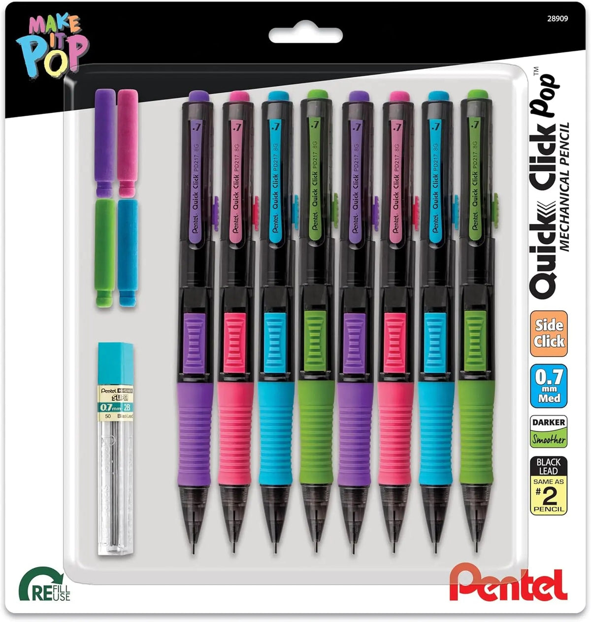 Pentel Quick Click Pop Mechanical Pencil, 0.7mm, Plus Lead and Eraser, 8-pk
