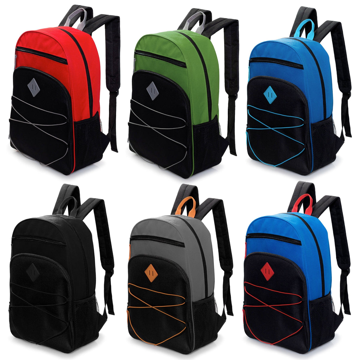 17" Wholesale Bungee Backpacks in 6 Colors with Side Pockets - Bulk Case of 24 Bookbags